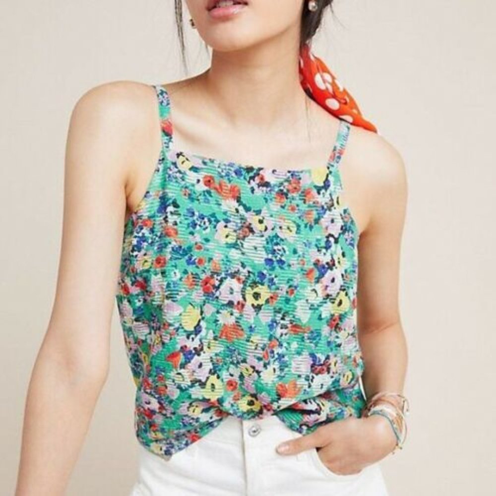 Anthropologie Green Floral Tank Top, Size 2